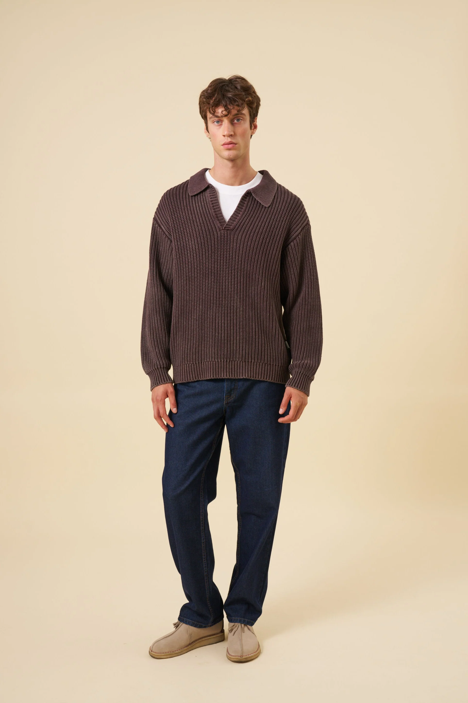 OPEN COLLAR ACID WASH KNIT - BROWN - Image 6