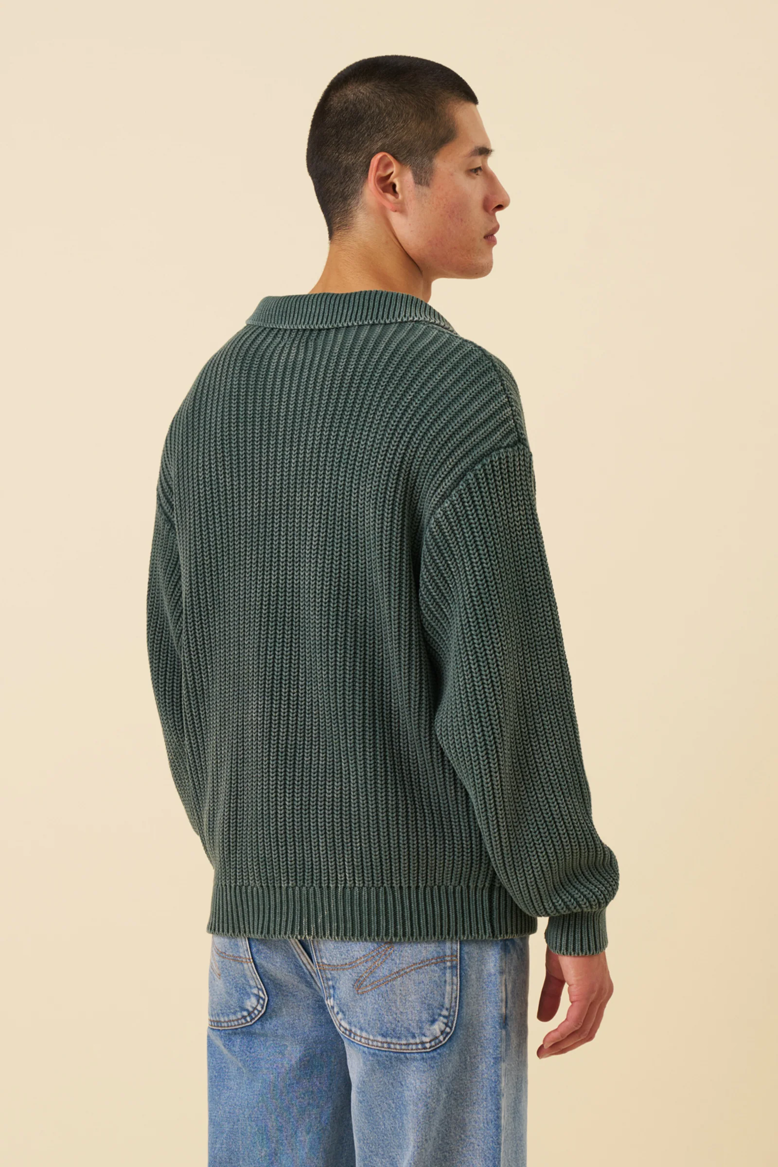 OPEN COLLAR ACID WASH KNIT - GREEN - Image 4