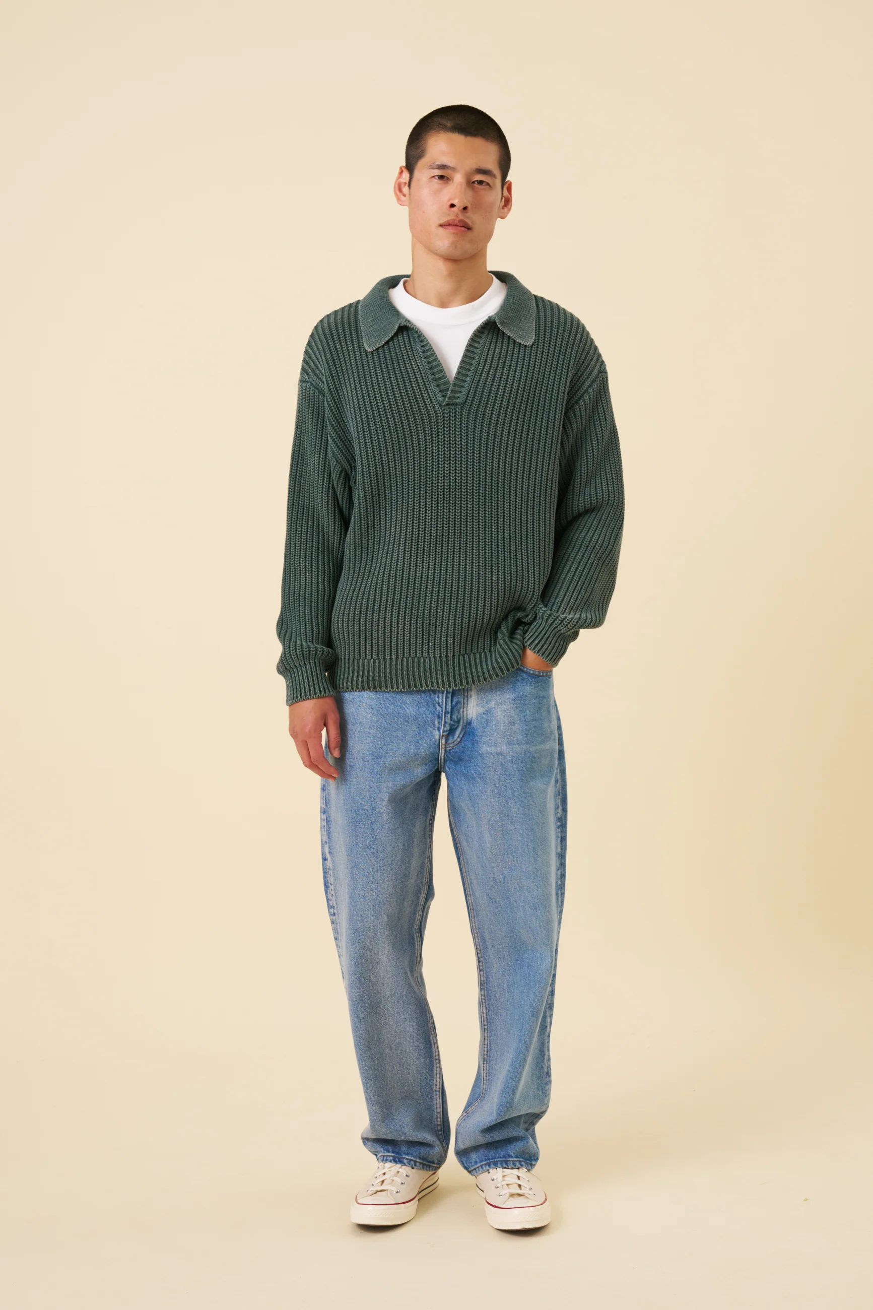 OPEN COLLAR ACID WASH KNIT - GREEN - Image 5