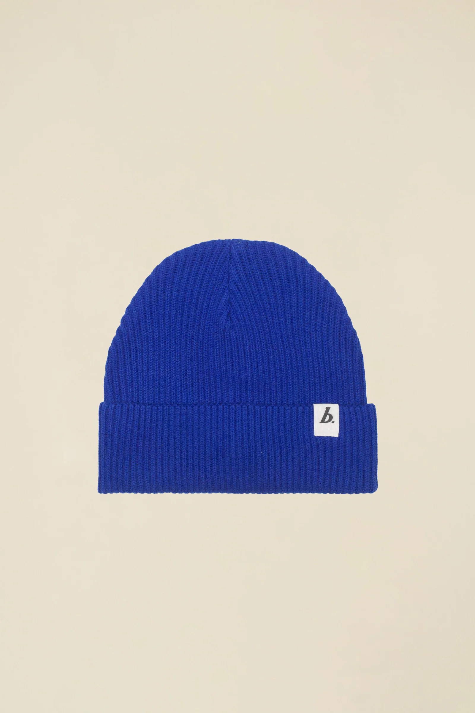 ORGANIC FISHERMAN RIBBED LABEL BEANIE - BLUE