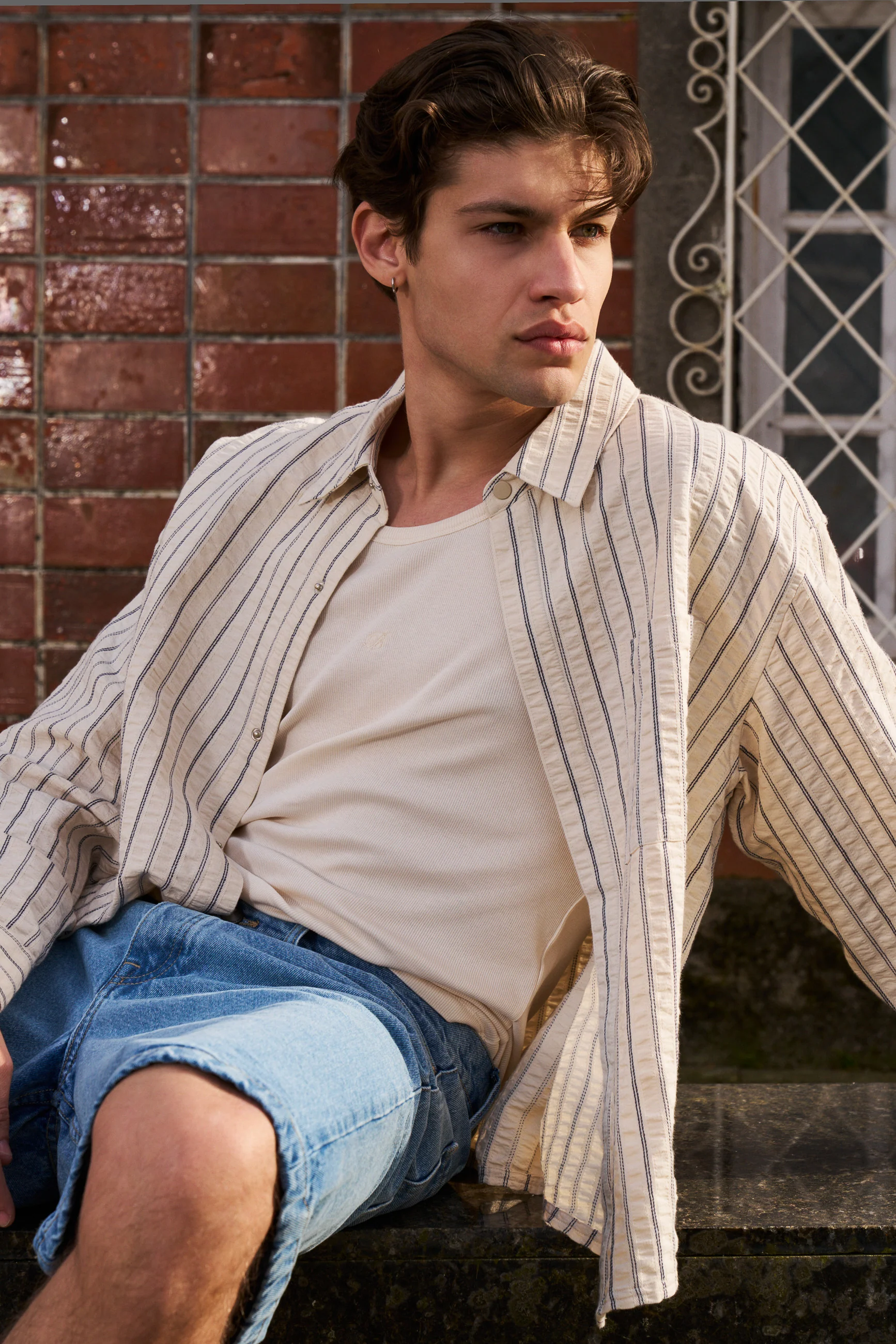 PORTO HERRINGBONE STRIPE SHIRT - CREAM - Image 7
