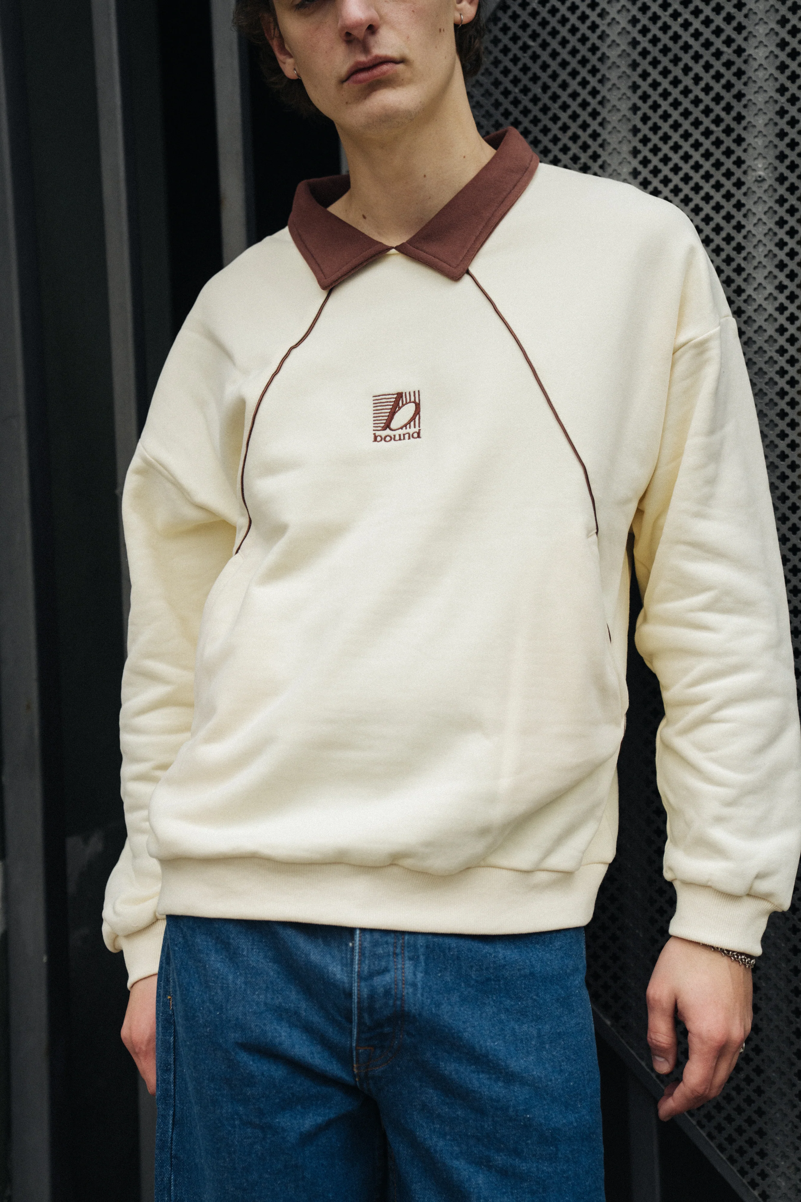 RETRO SPORTS GRID SWEATER - CREAM / BROWN - Image 2