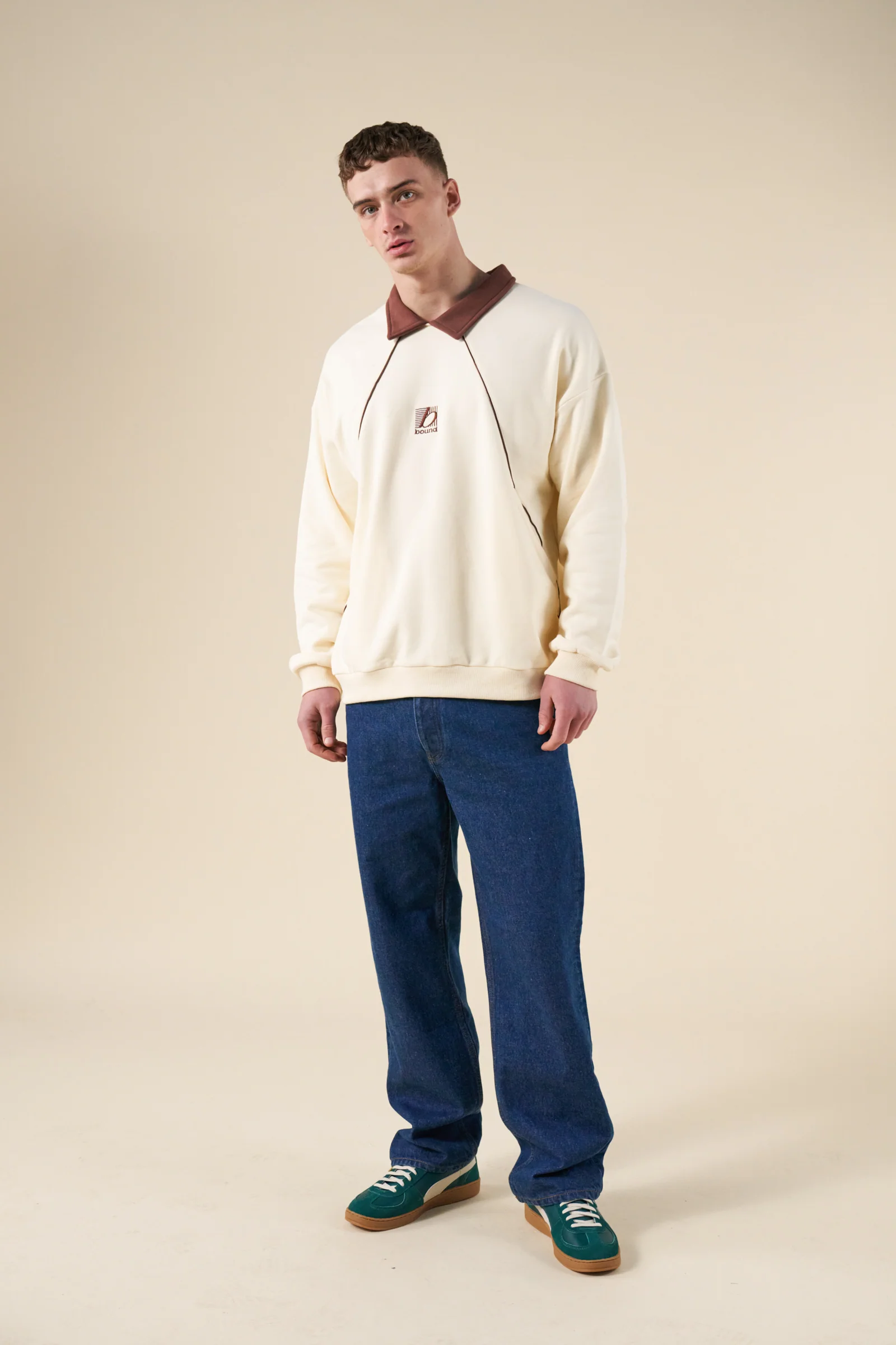 RETRO SPORTS GRID SWEATER - CREAM / BROWN - Image 3