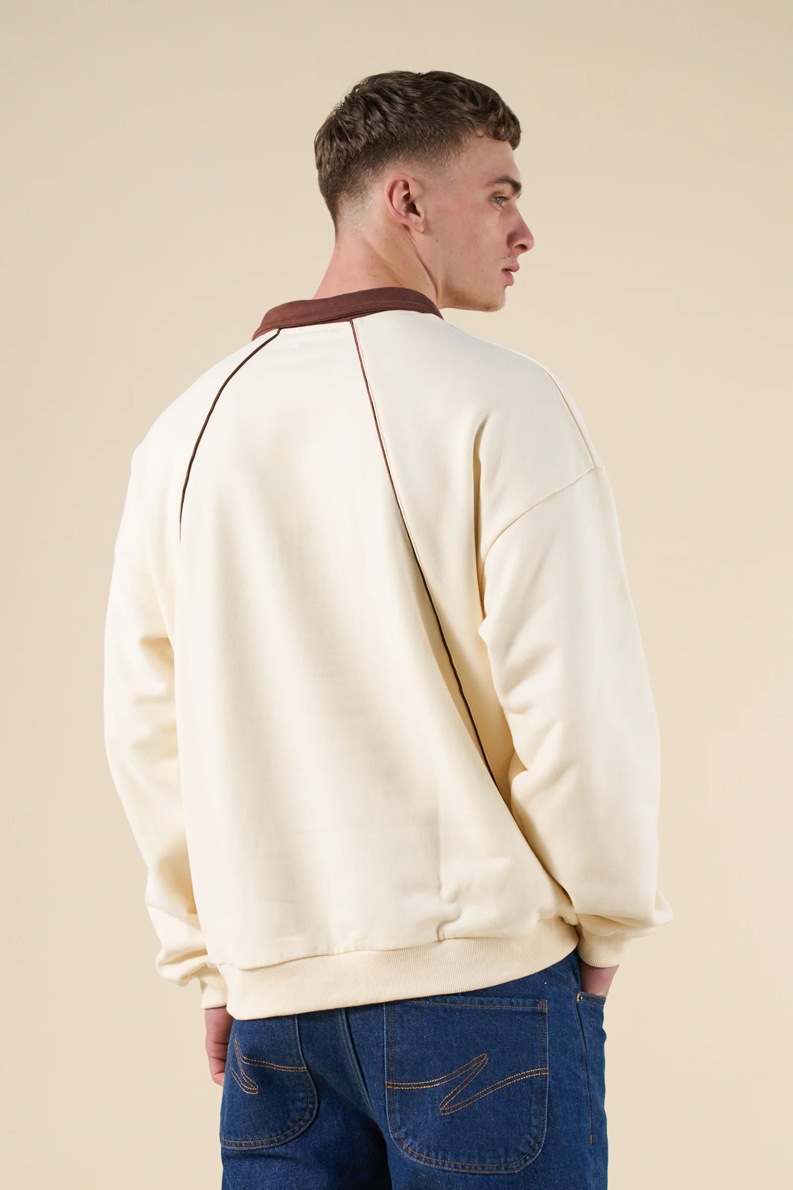 RETRO SPORTS GRID SWEATER - CREAM / BROWN - Image 4