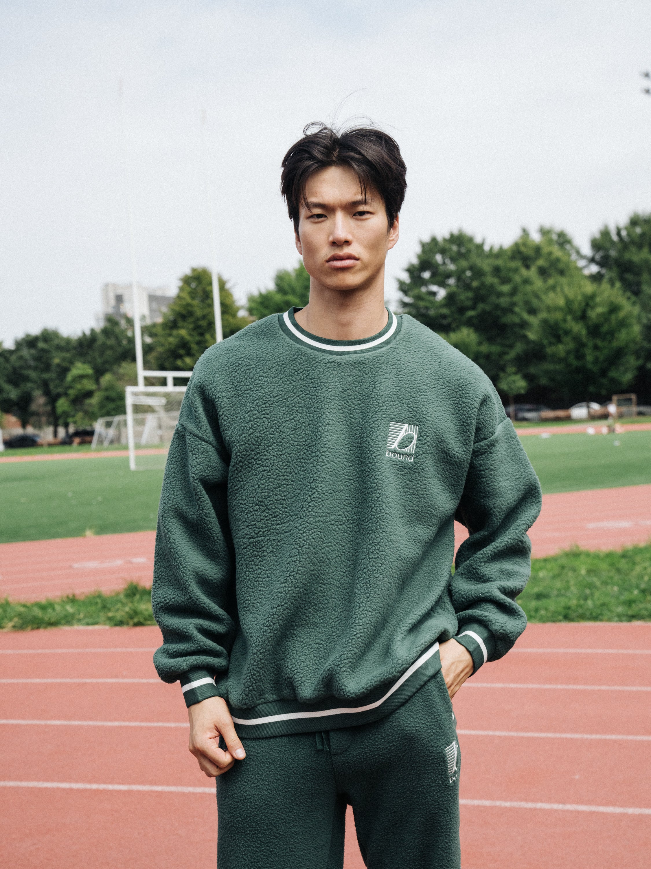 REVERSE FLEECE GRID SWEATER - BOTTLE GREEN - Image 9