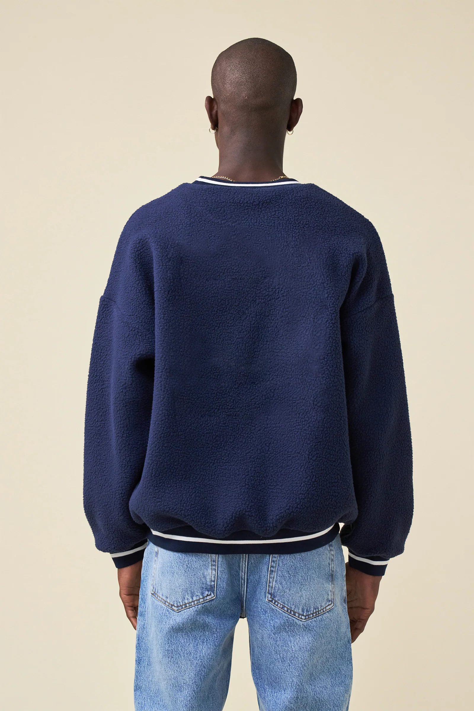 REVERSE FLEECE GRID SWEATER - NAVY - Image 3
