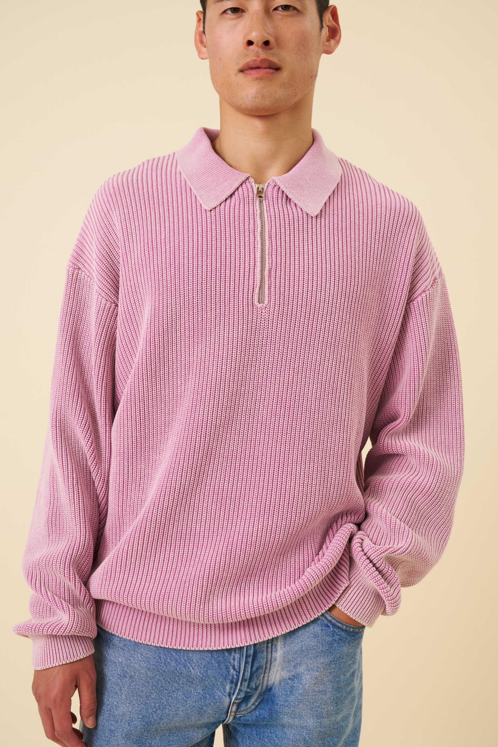 ROSE PINK ACID WASH HALF ZIP KNIT PULLOVER - Image 3