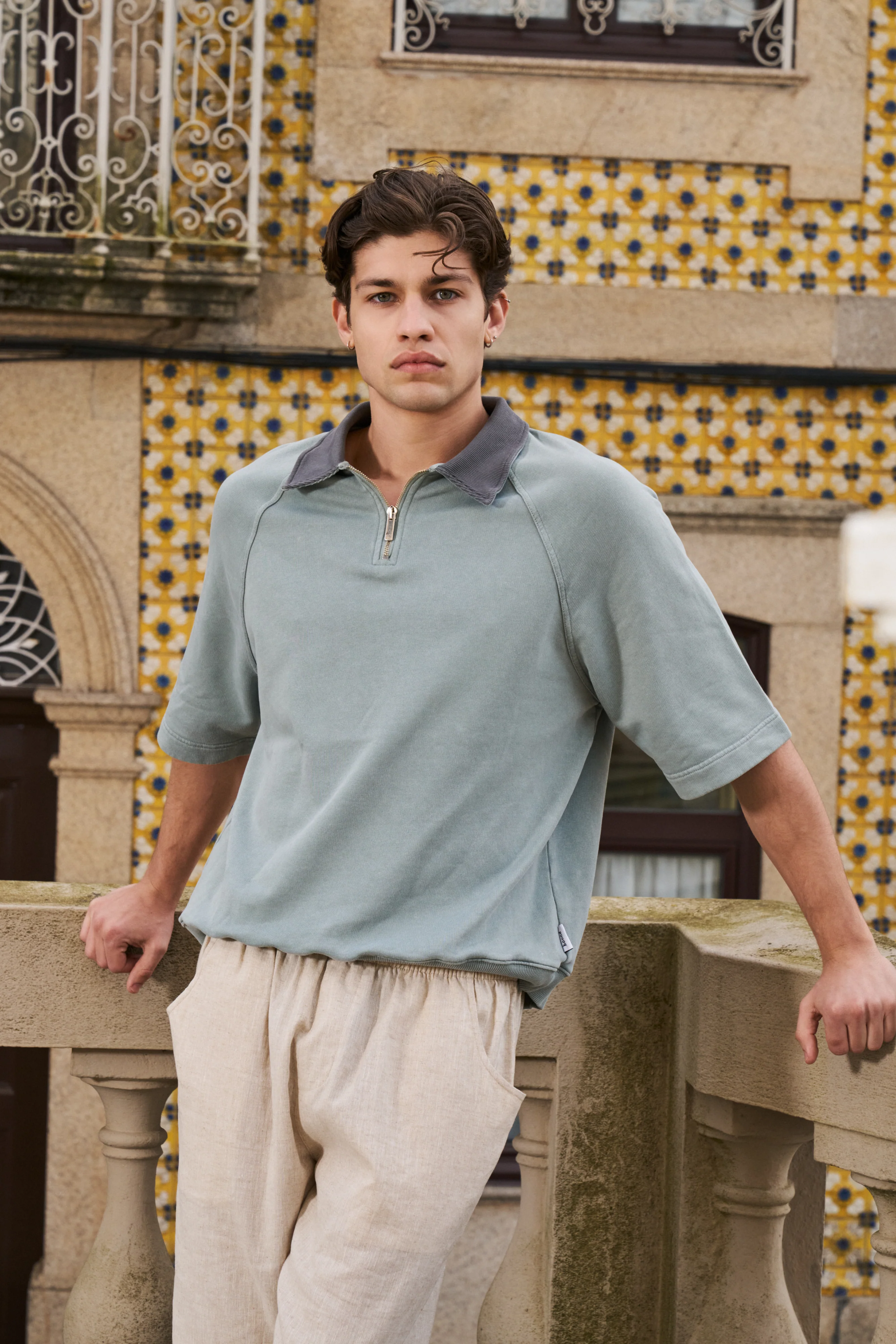 SNOW WASHED 1/4 ZIP JERSEY POLO - POWDER BLUE - Image 6