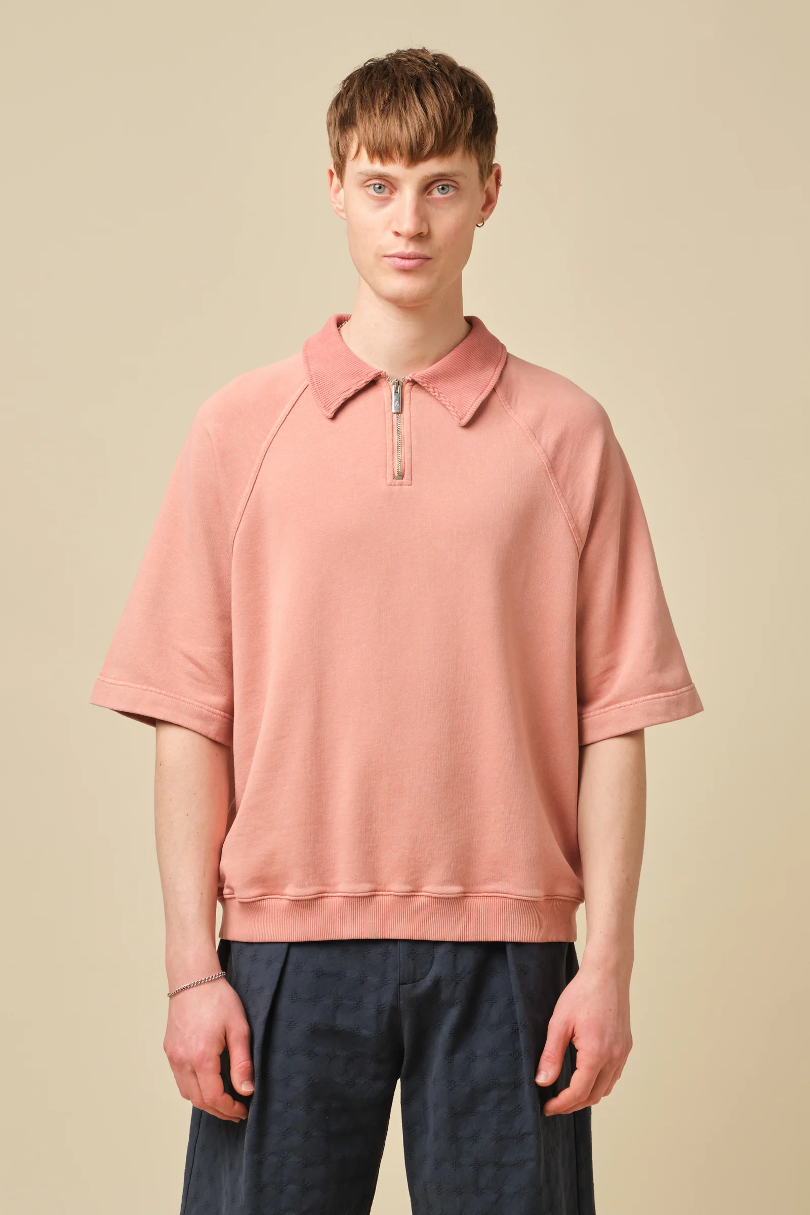 SNOW WASHED 1/4 ZIP JERSEY POLO - ROSE PINK