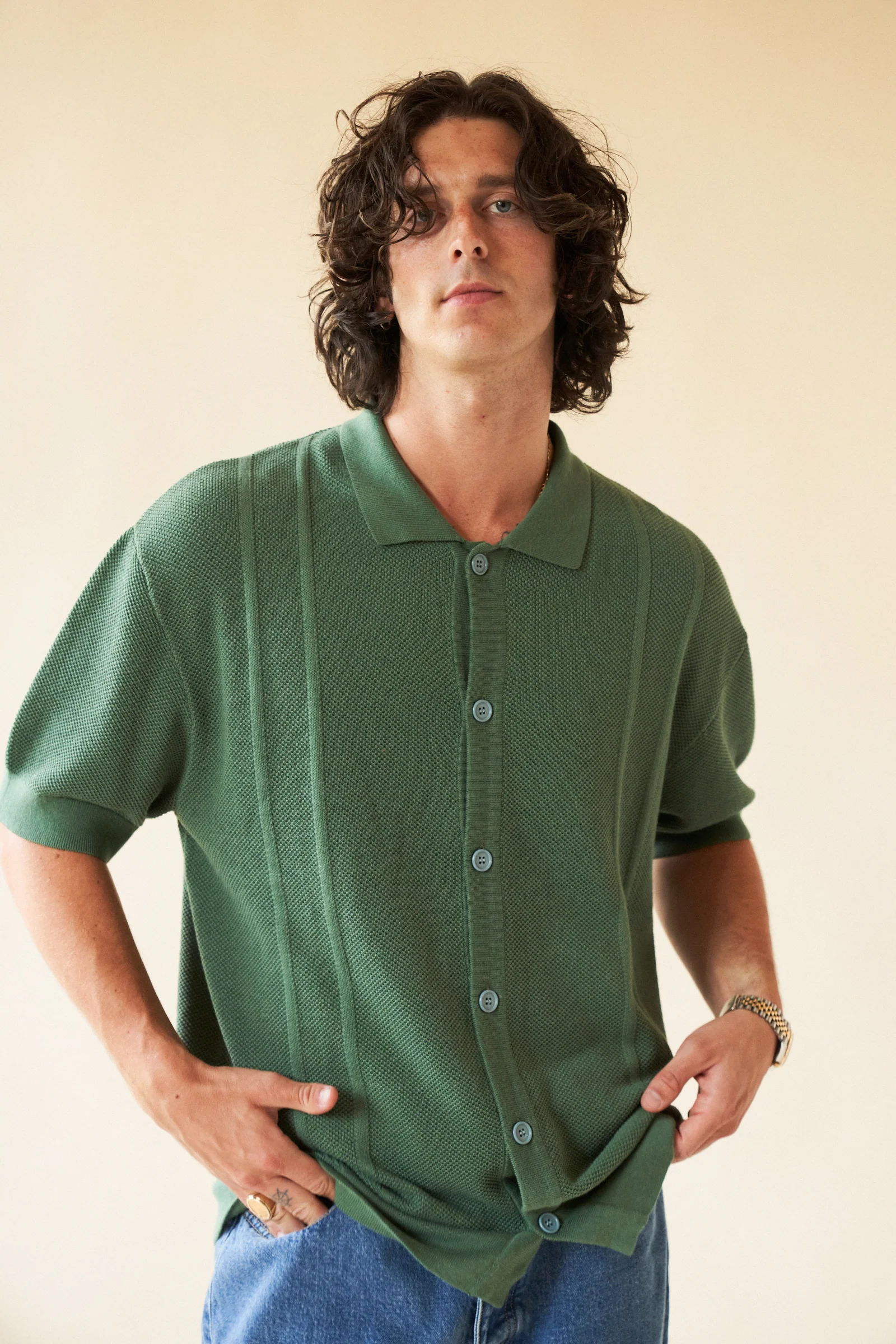 STANLEY WAFFLE KNIT POLO - HUNTER GREEN - Image 4