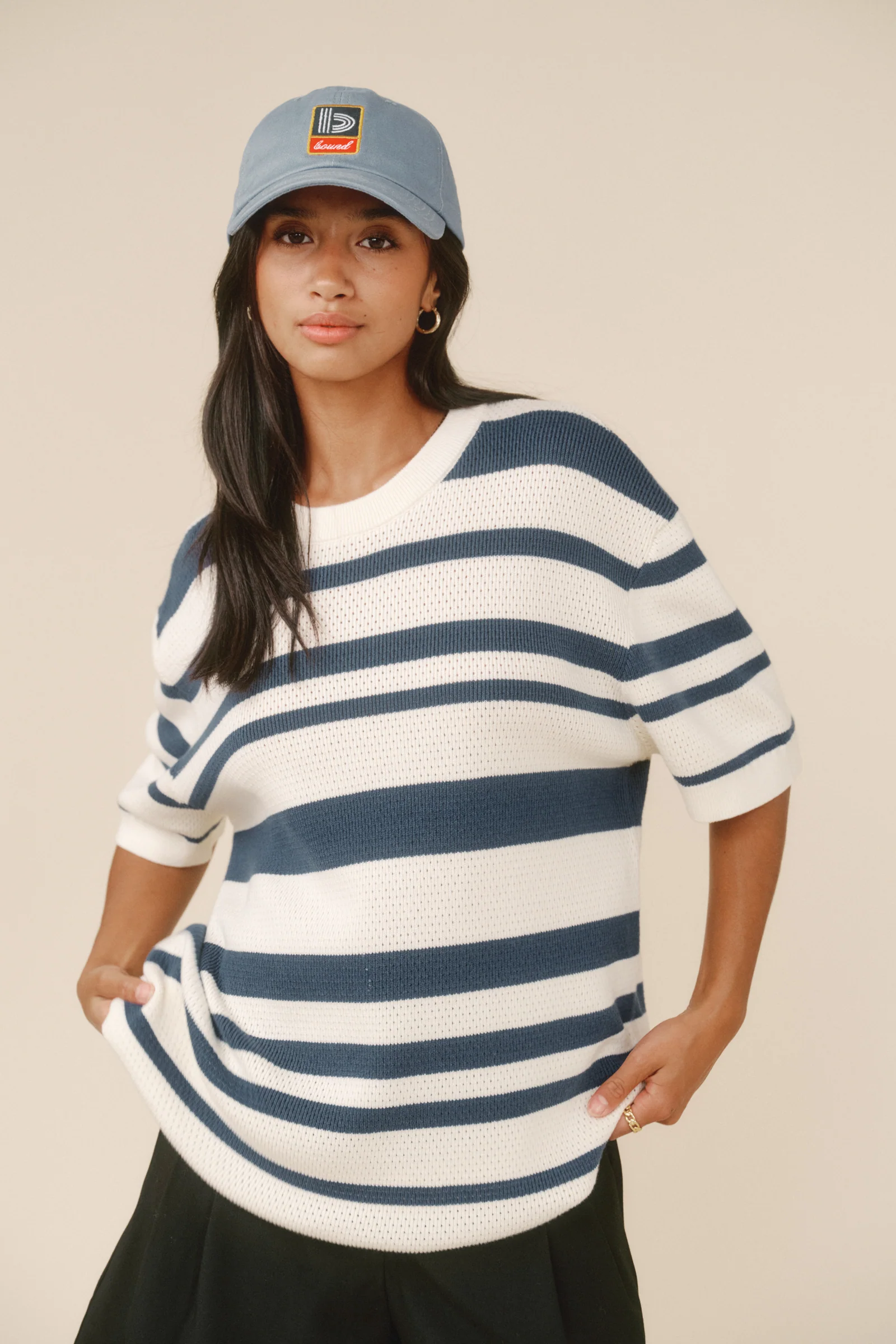 STRIPE CROCHET KNIT TEE - OXFORD & ECRU - Image 12