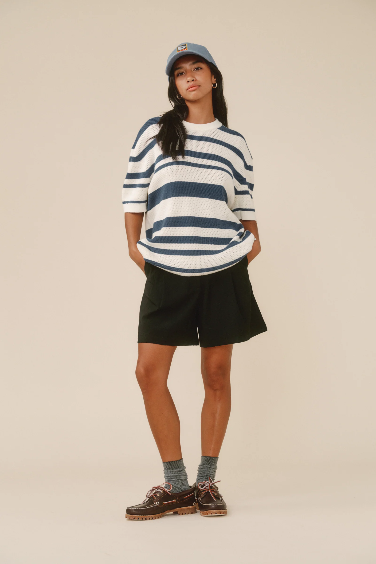 STRIPE CROCHET KNIT TEE - OXFORD & ECRU - Image 3