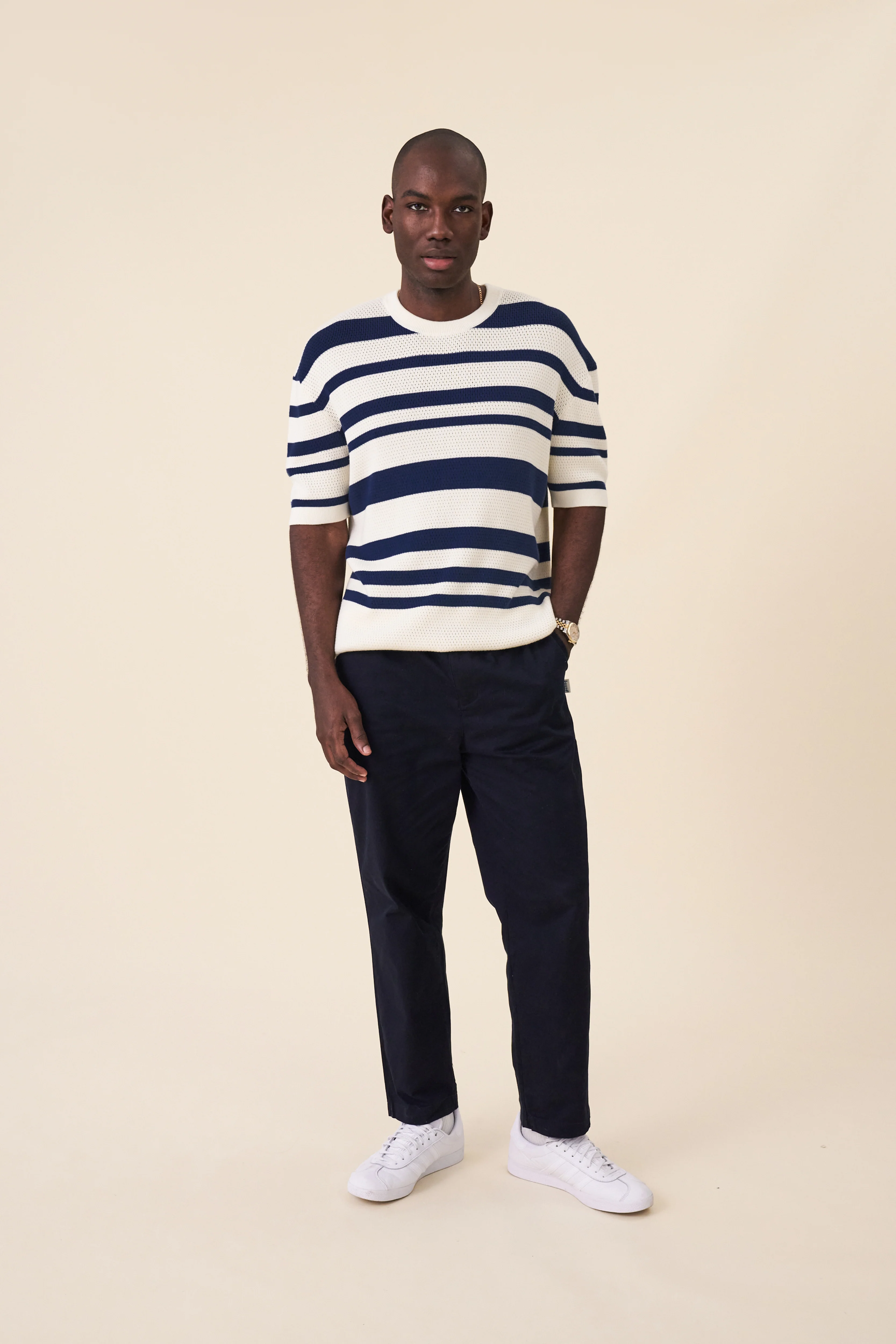 STRIPE CROCHET KNIT TEE - OXFORD & ECRU - Image 4