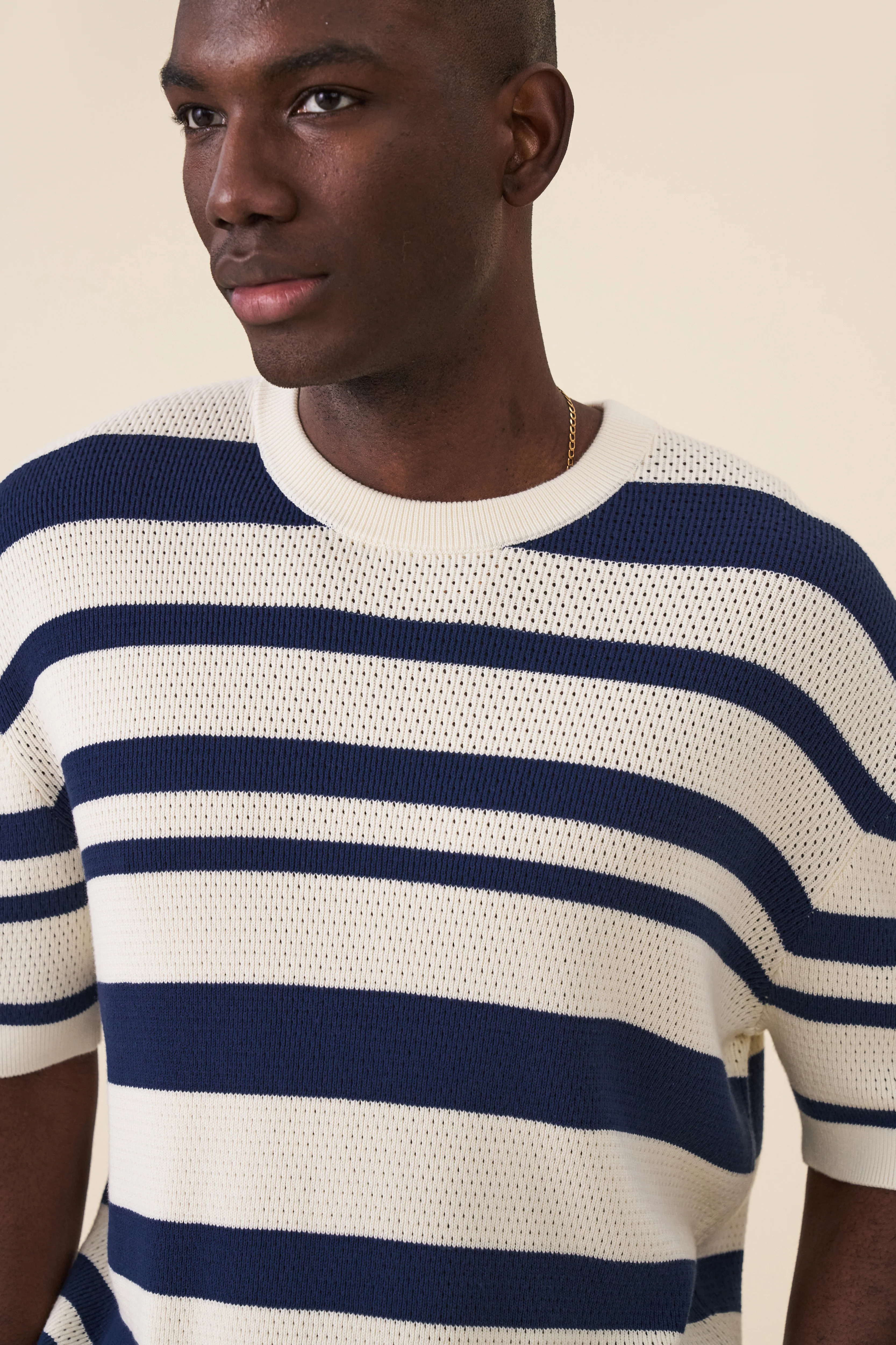 STRIPE CROCHET KNIT TEE - OXFORD & ECRU - Image 6