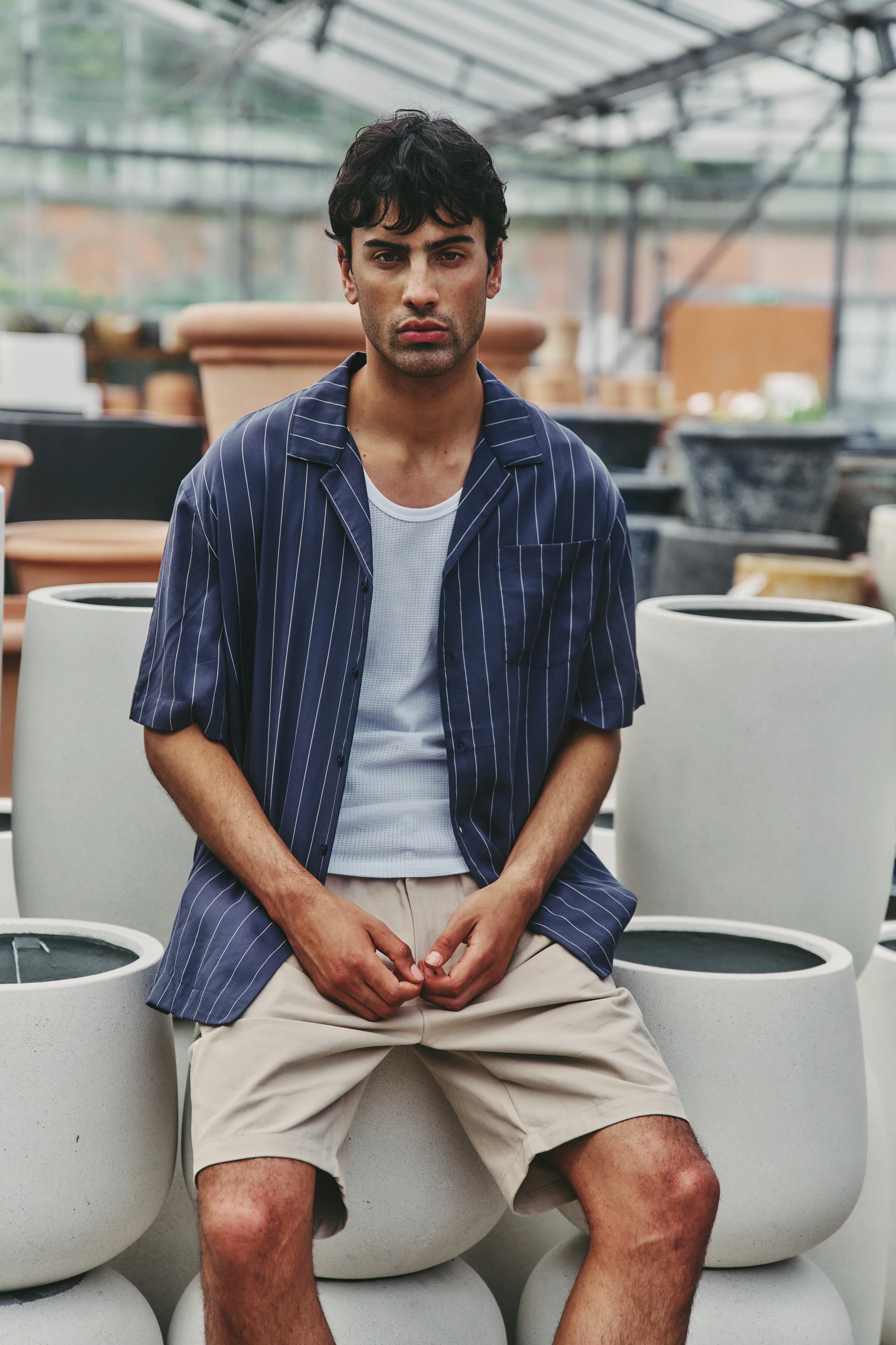 STRIPE TENCEL RAGLAN SHIRT - NAVY - Image 2