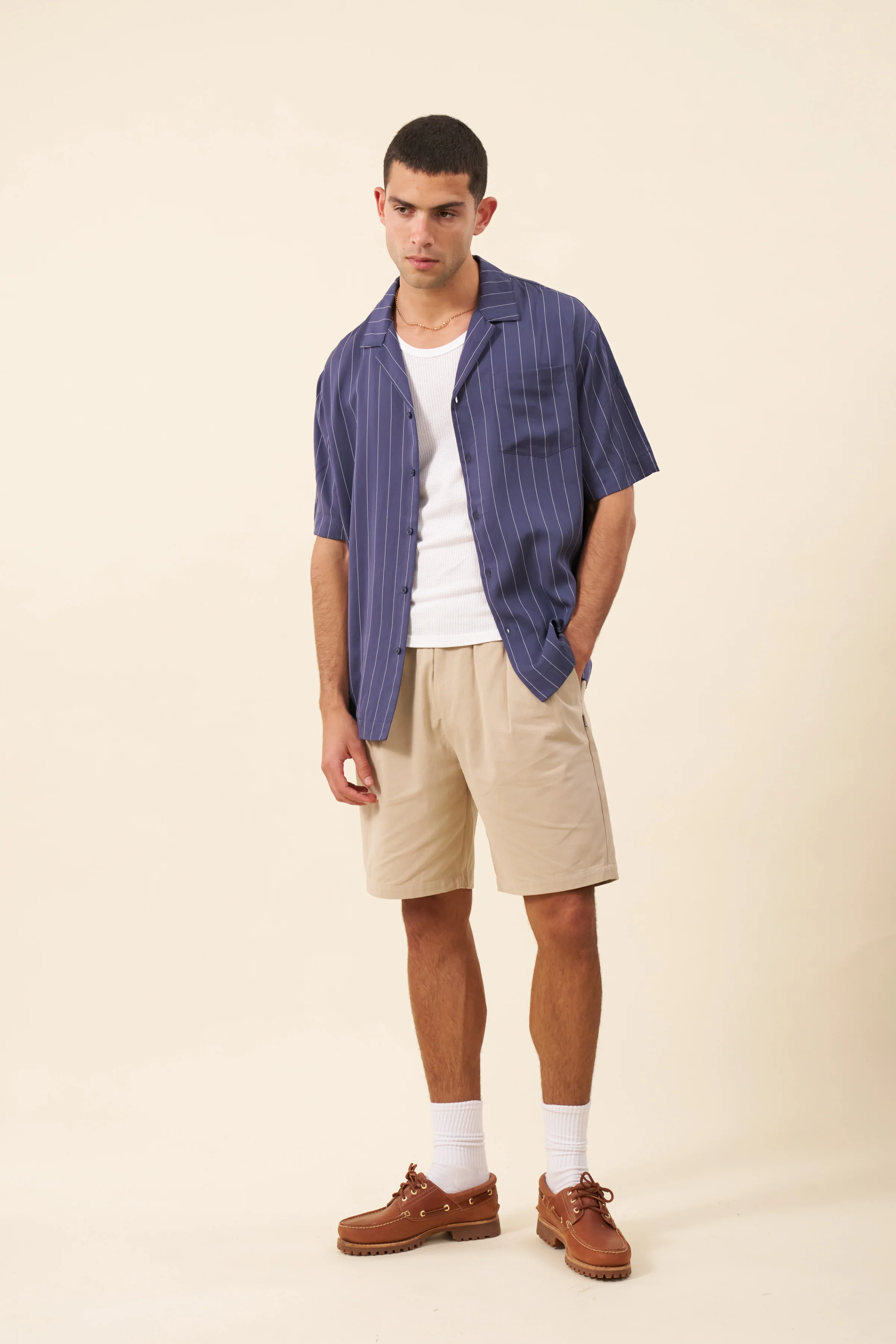 STRIPE TENCEL RAGLAN SHIRT - NAVY - Image 3