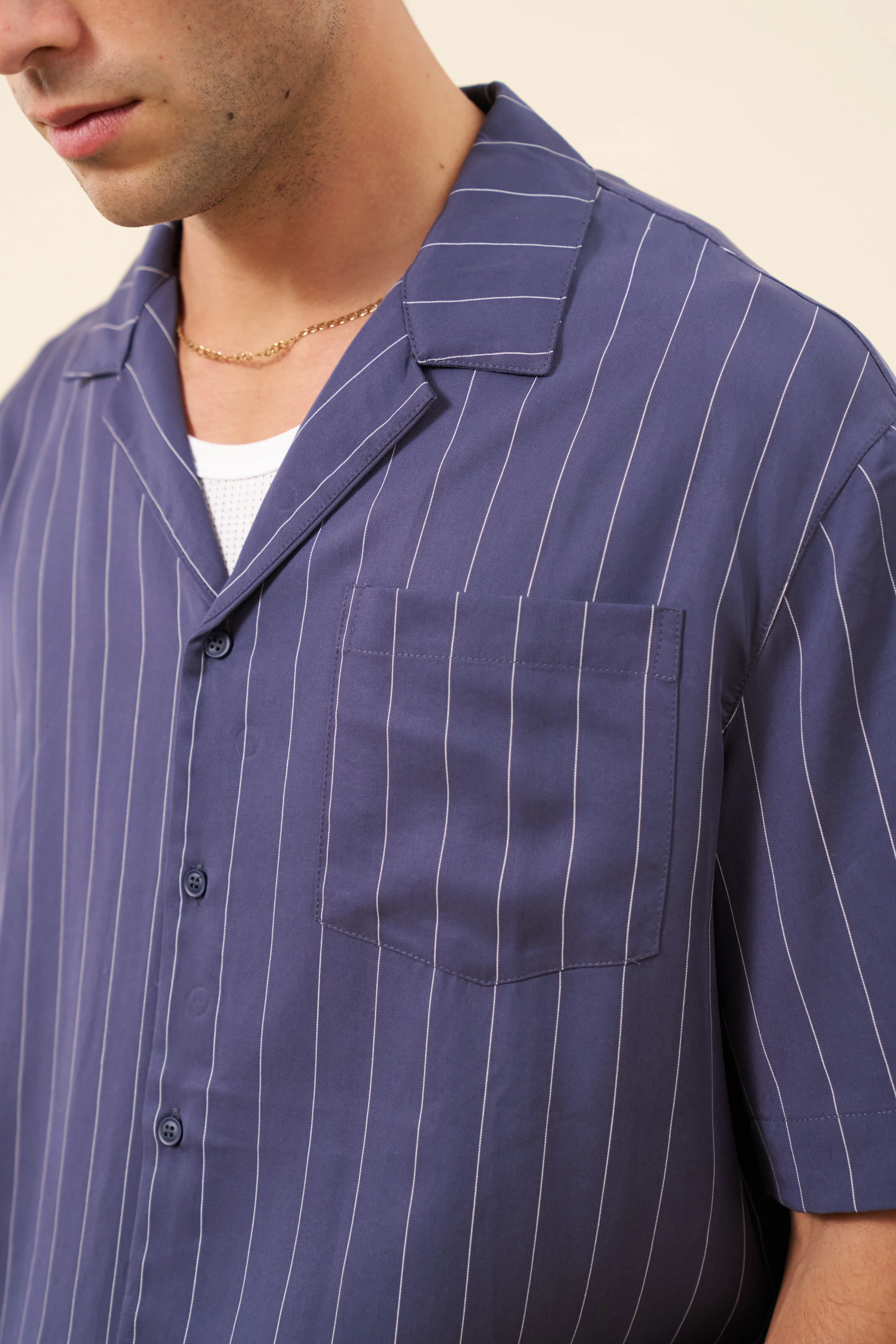 STRIPE TENCEL RAGLAN SHIRT - NAVY - Image 5