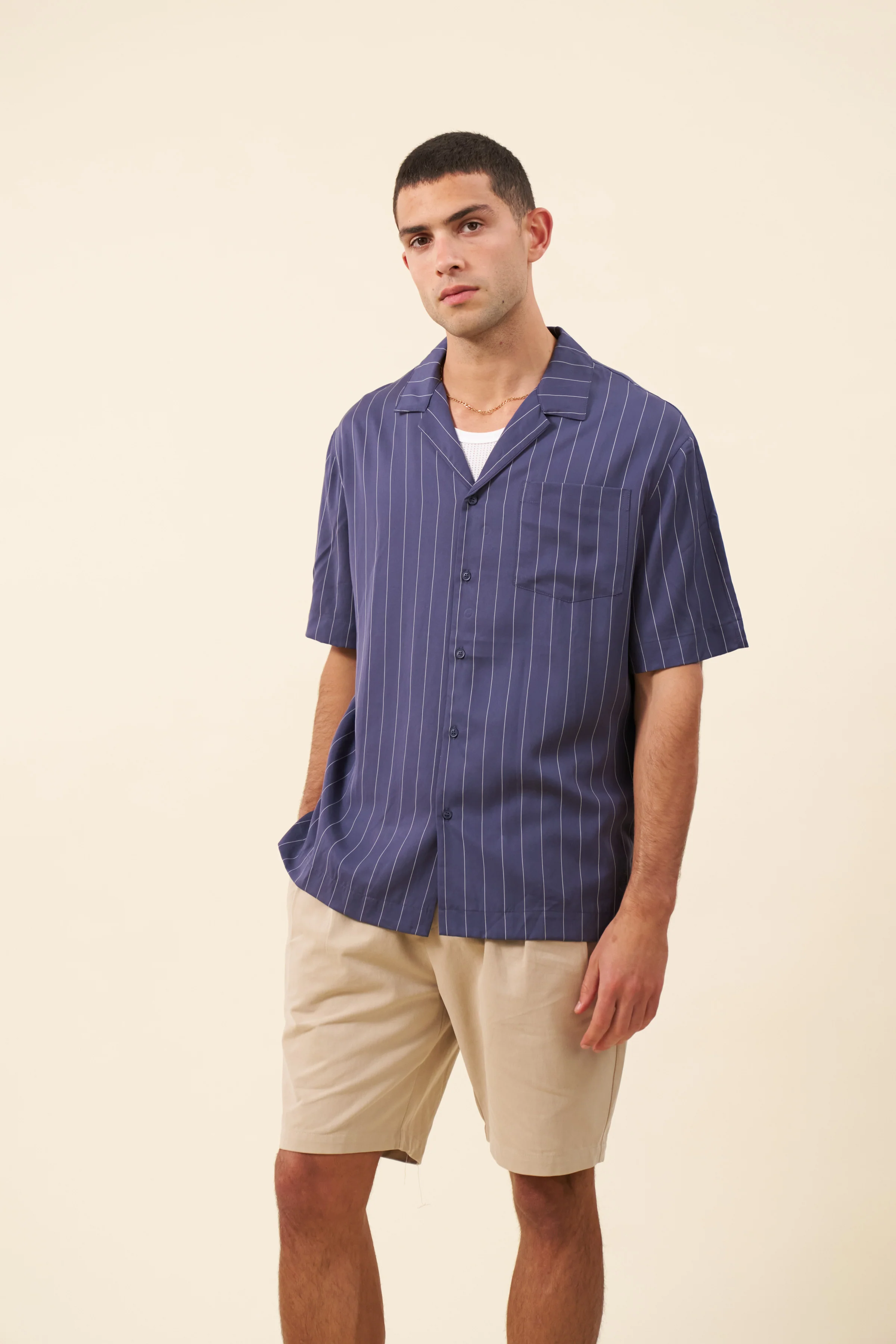 STRIPE TENCEL RAGLAN SHIRT - NAVY - Image 9