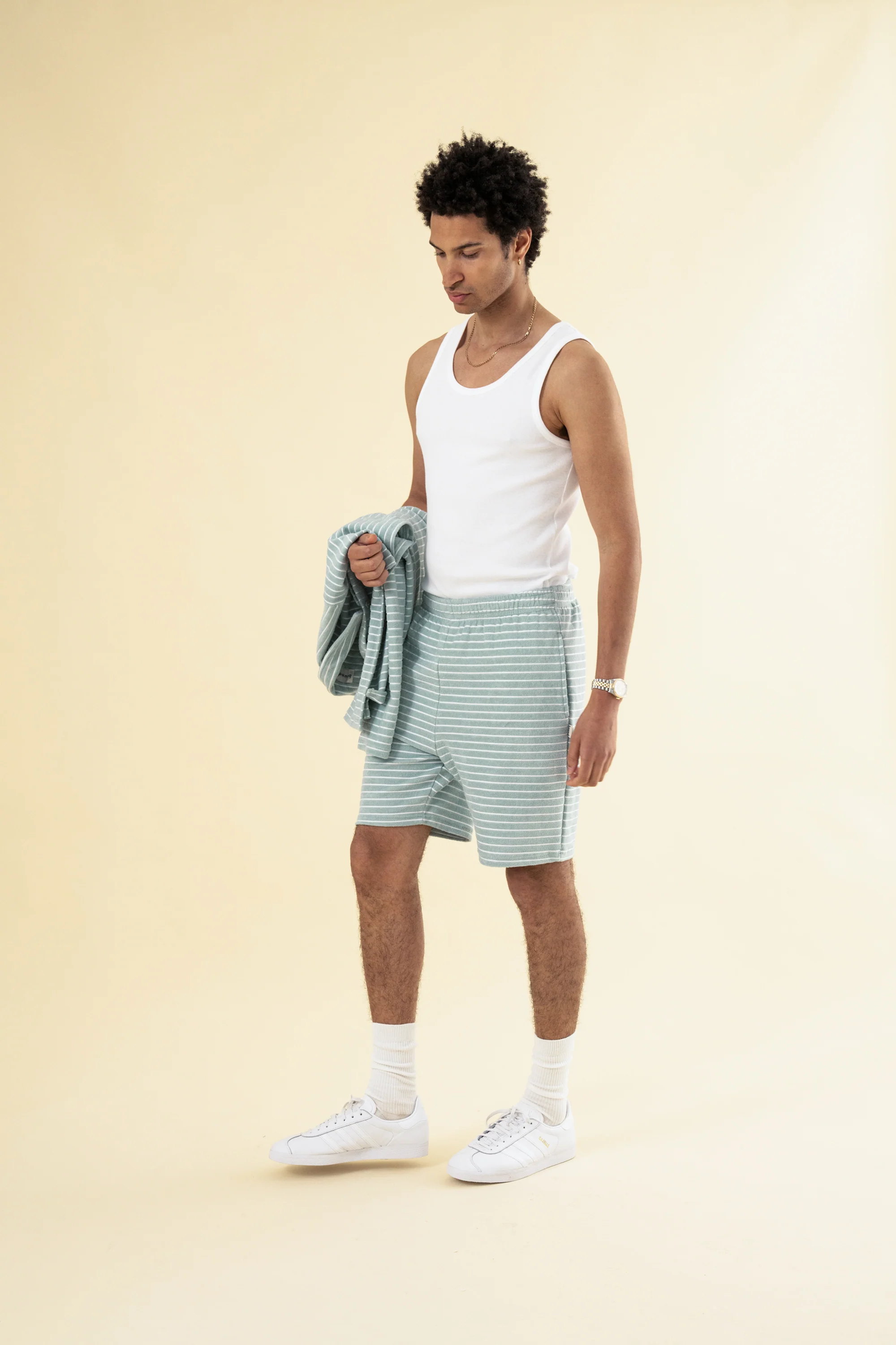 STRIPE TERRY TOWEL COTTON SHORTS - LIGHT BLUE - Image 3