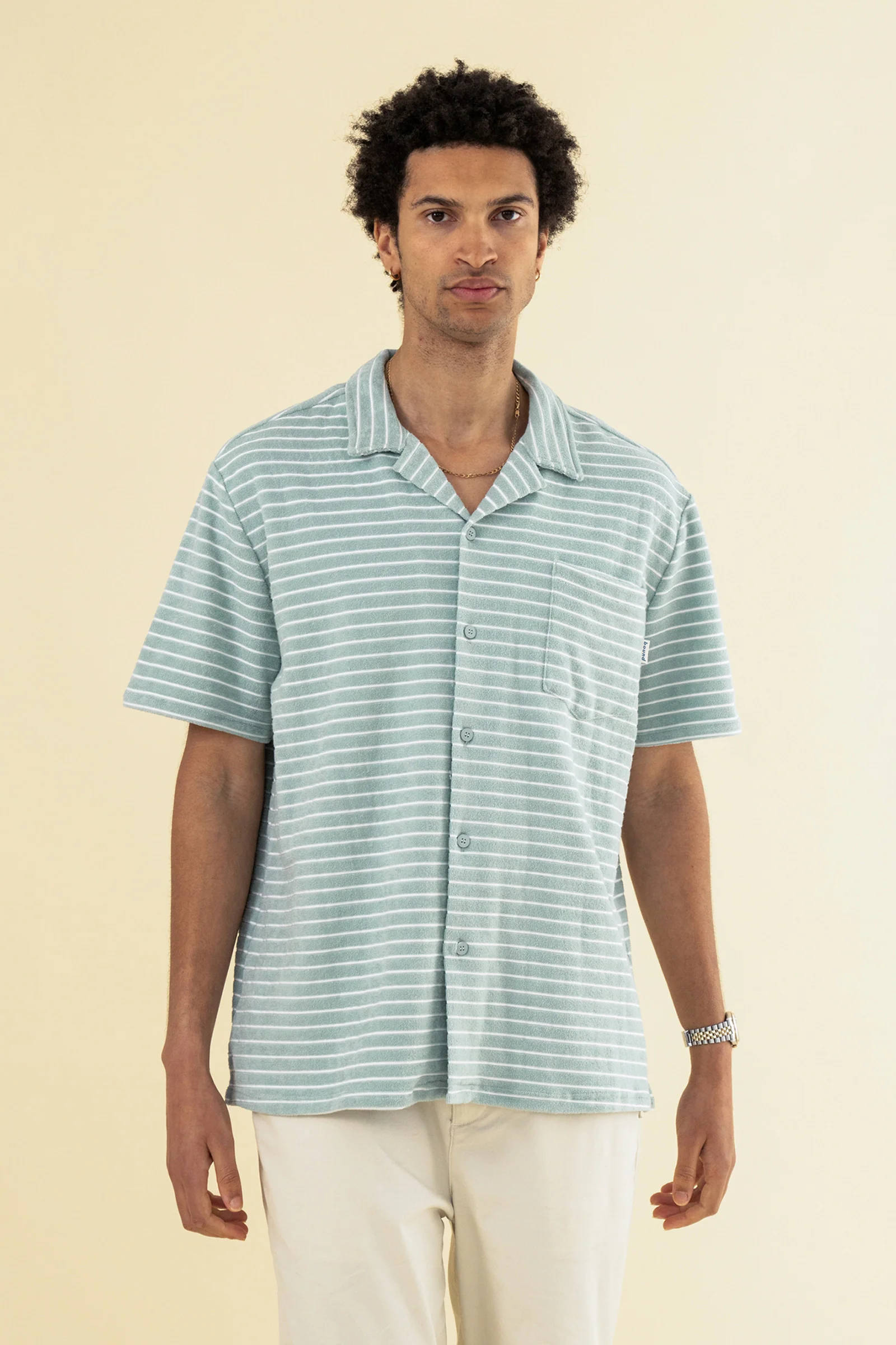 STRIPE TERRY TOWEL SS COTTON SHIRT - LIGHT BLUE