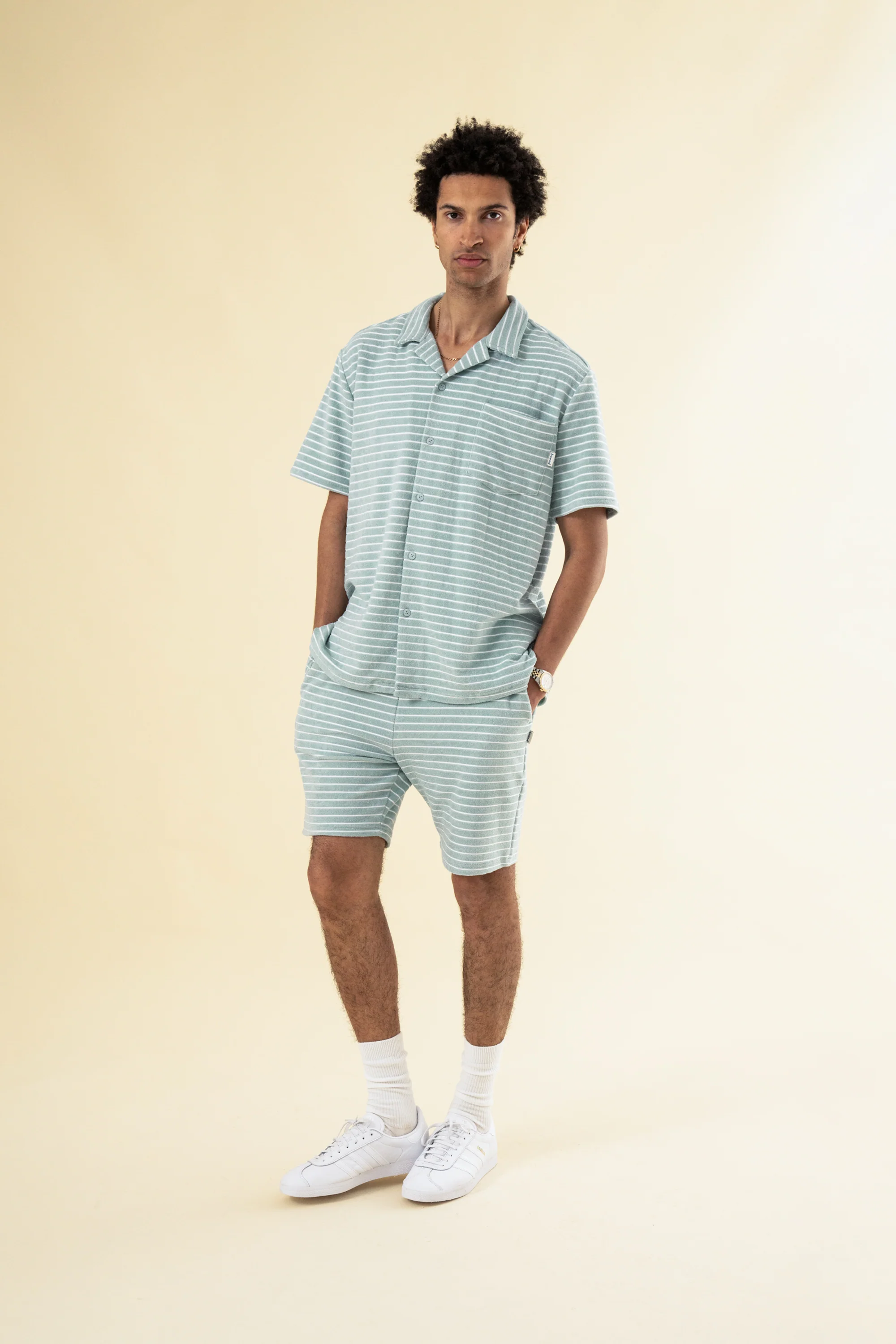 STRIPE TERRY TOWEL SS COTTON SHIRT - LIGHT BLUE - Image 6
