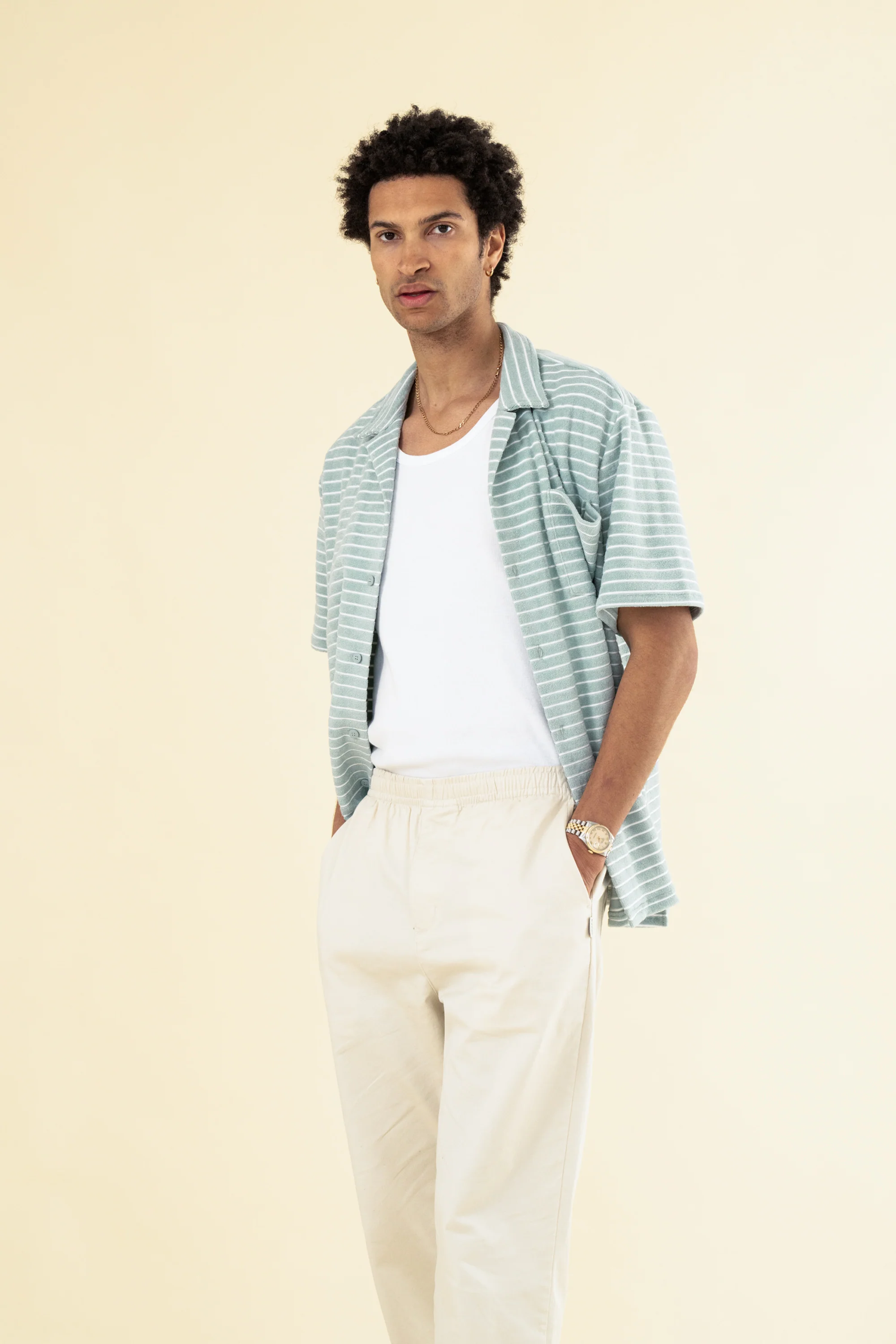 STRIPE TERRY TOWEL SS COTTON SHIRT - LIGHT BLUE - Image 7