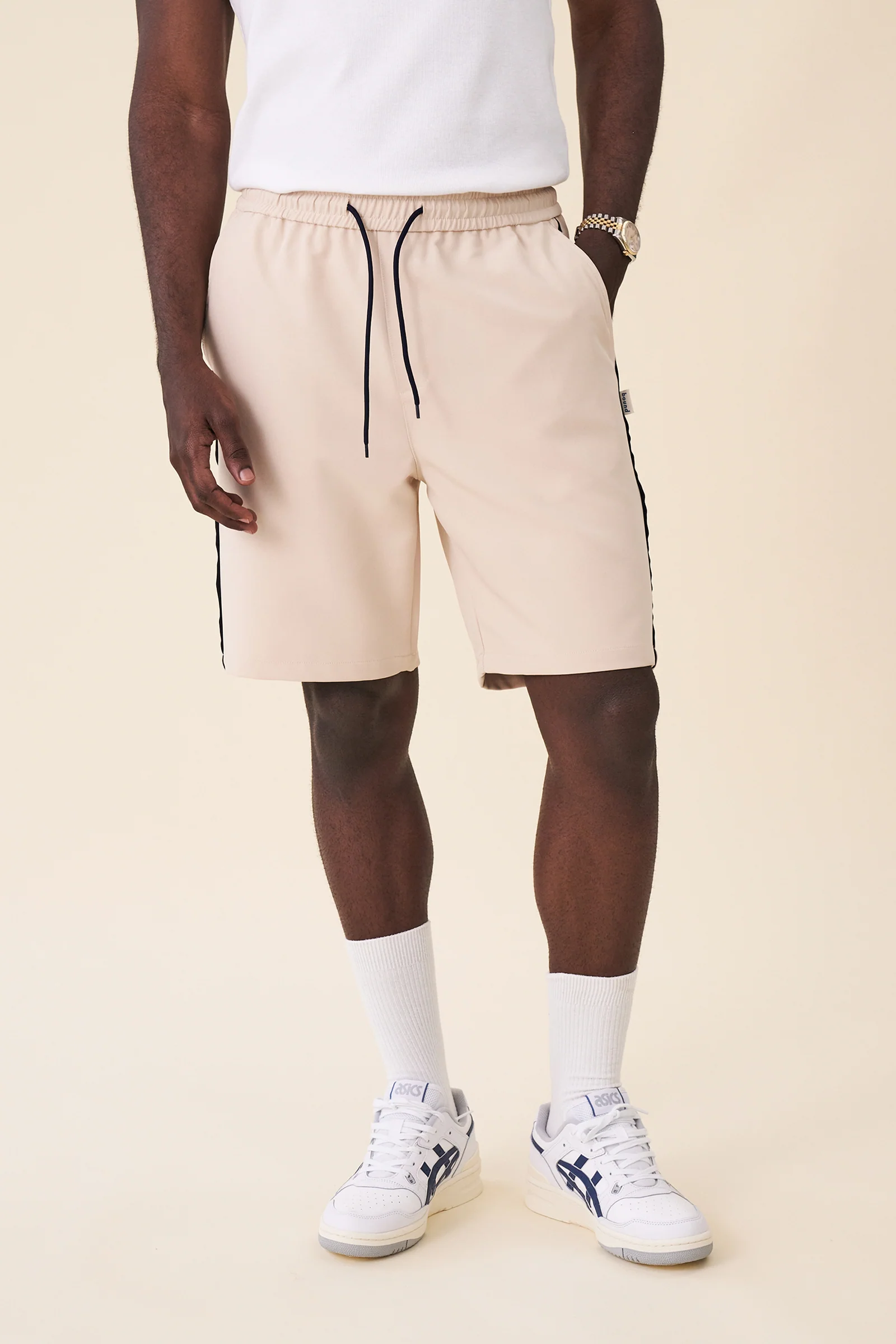 STRIPE TRACK SHORTS - BEIGE / NAVY