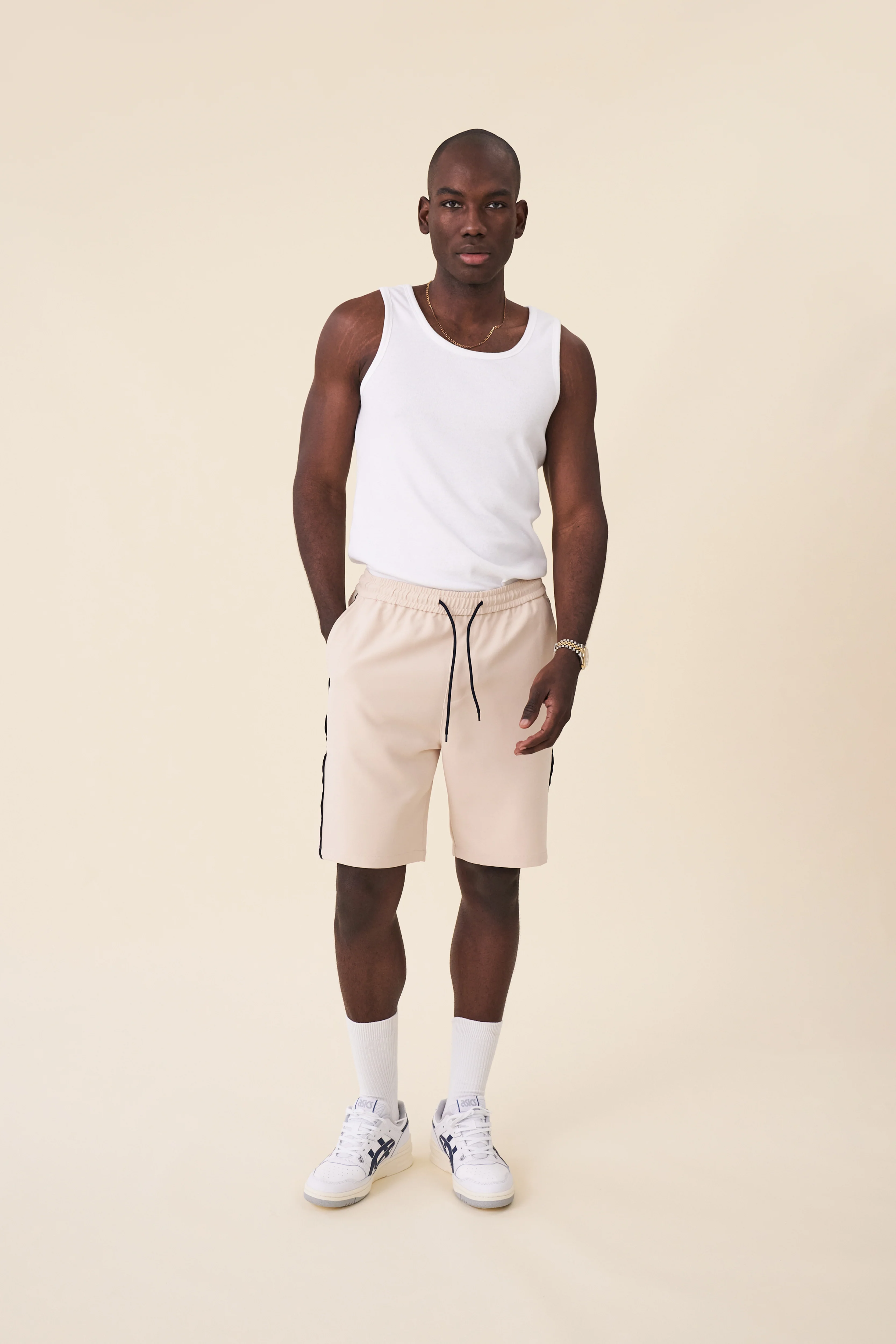STRIPE TRACK SHORTS - BEIGE / NAVY - Image 4