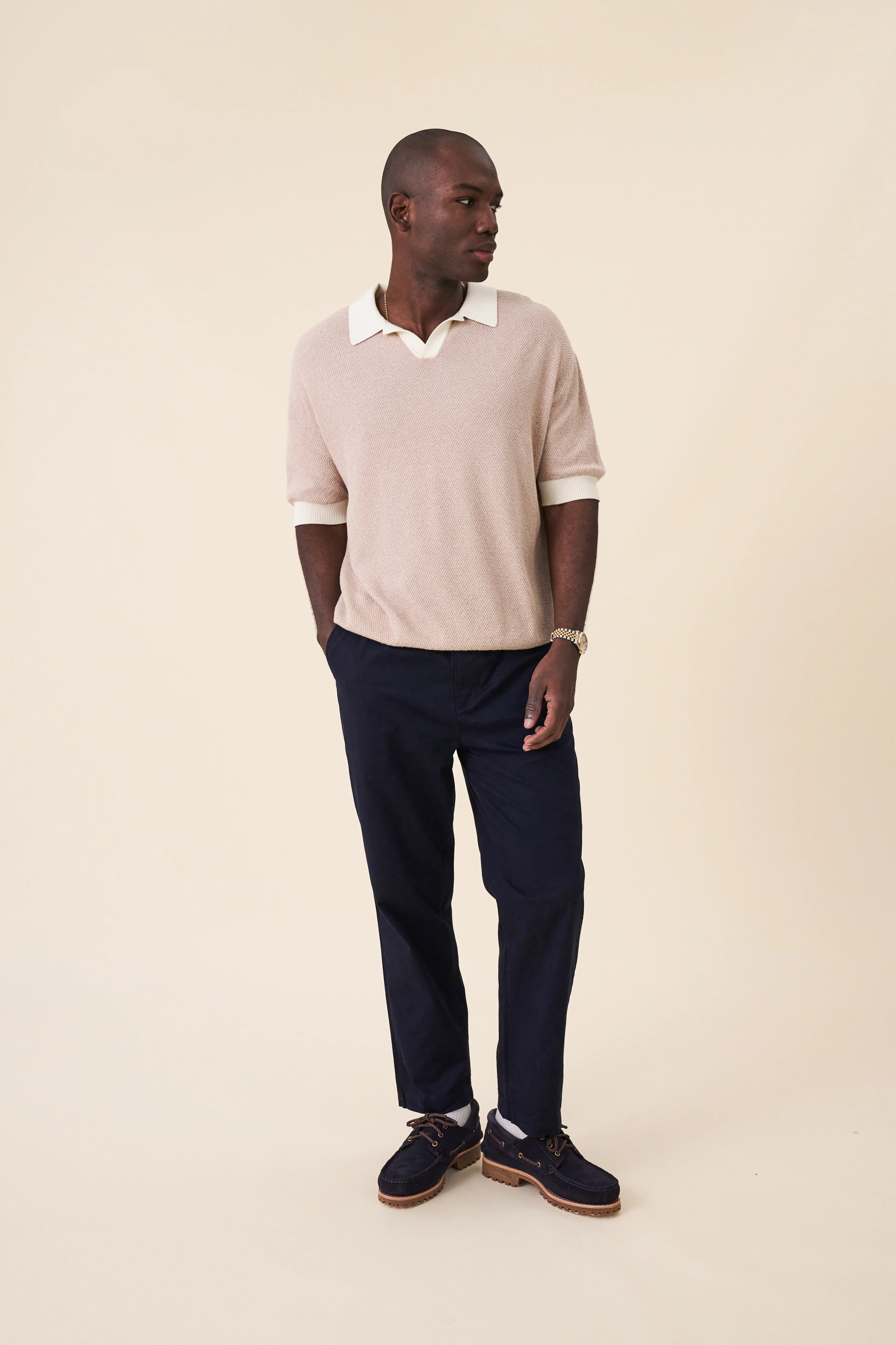 TEXTURED KNIT POLO - OATMEAL - Image 3