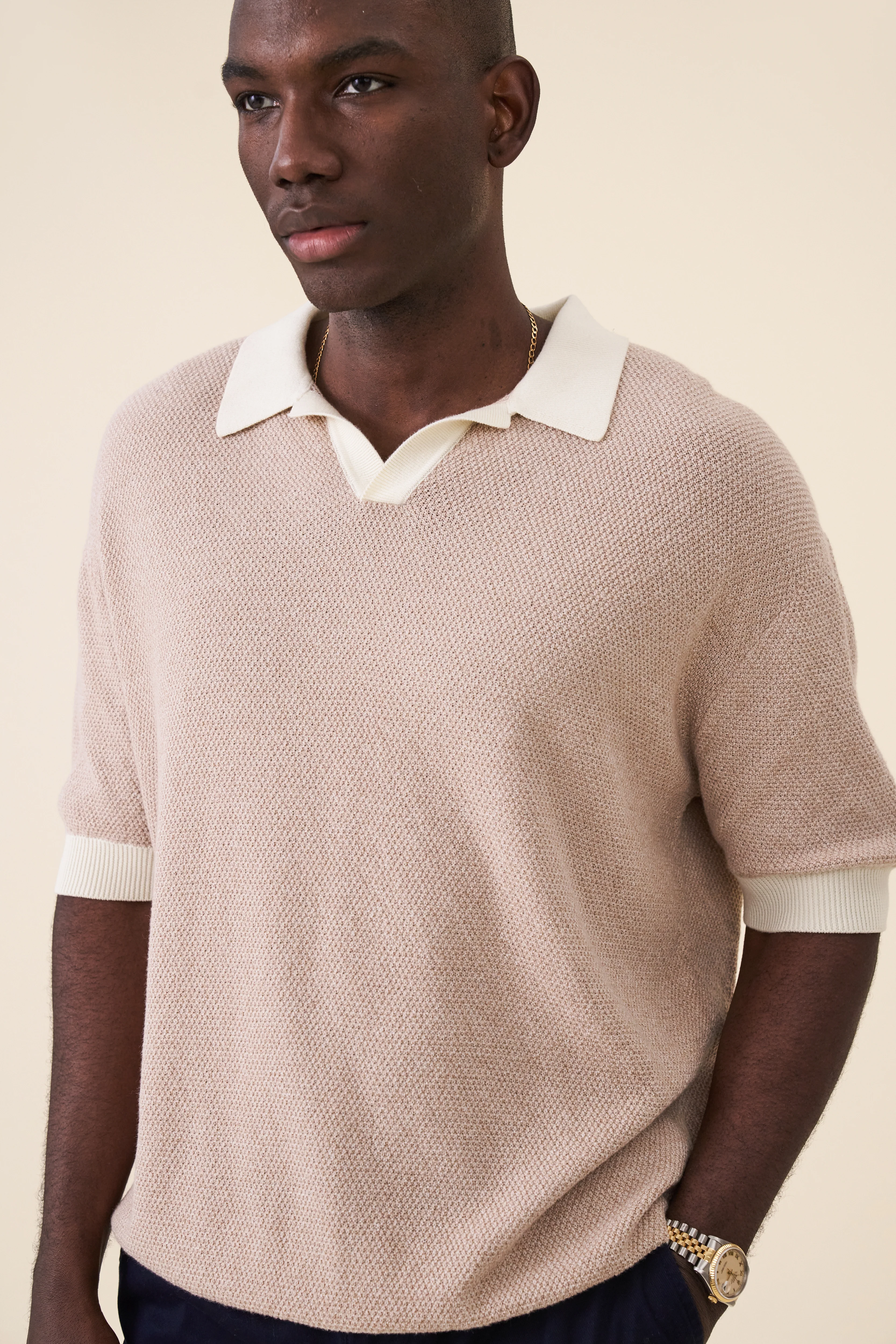TEXTURED KNIT POLO - OATMEAL - Image 5