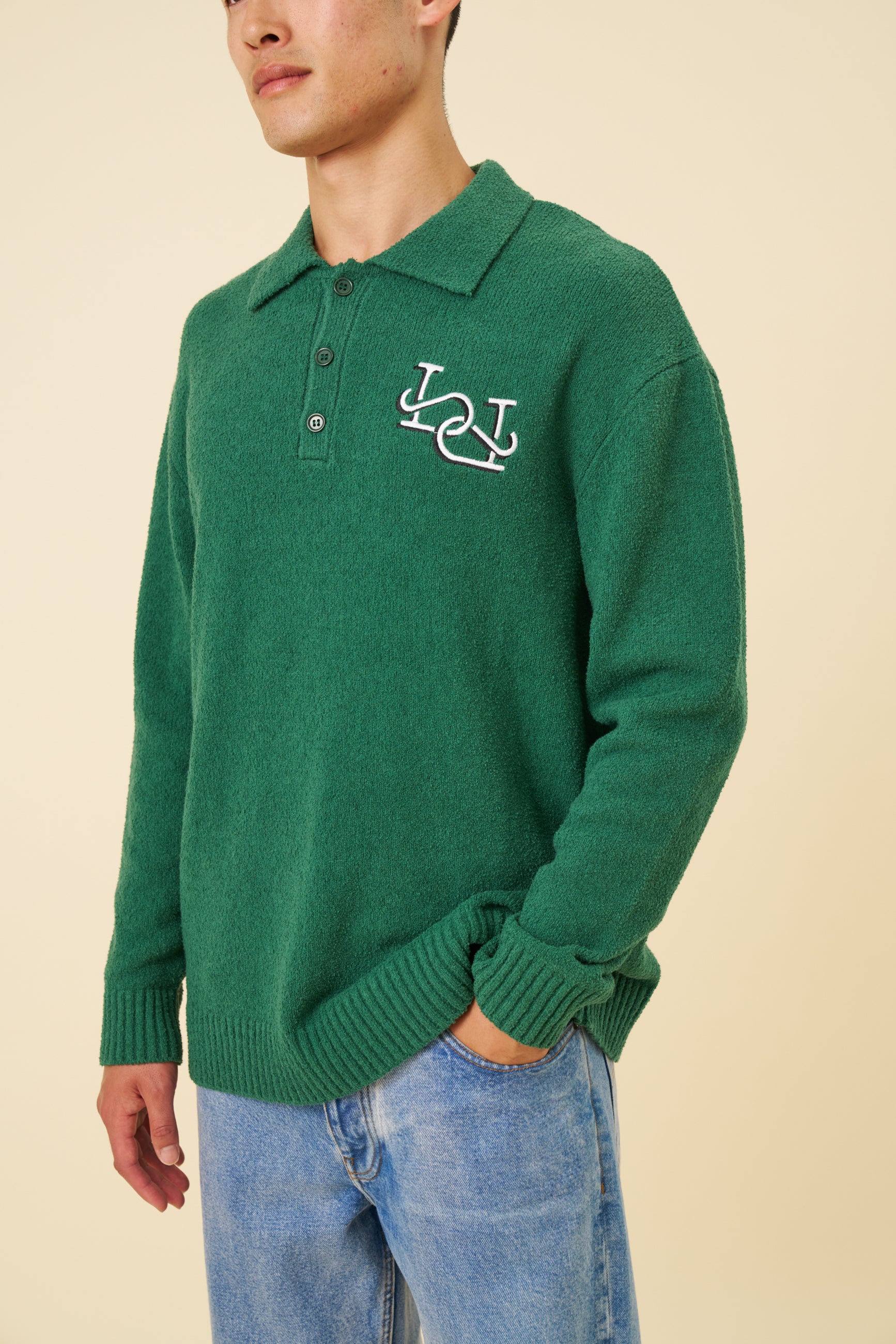 TEXTURED POLO SWEATER - HUNTER GREEN - Image 3