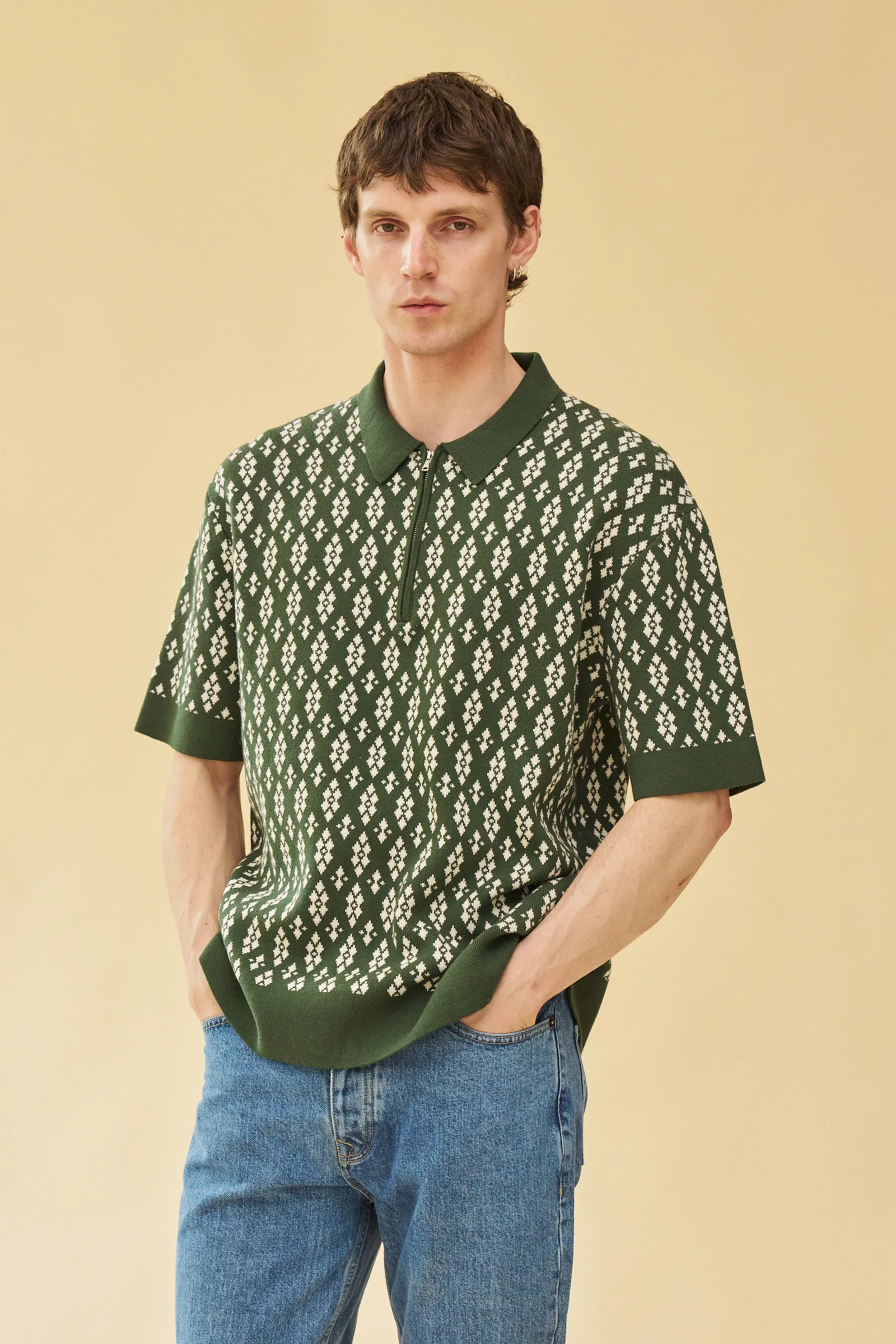 THEODORE 1/4 ZIP HEAVY KNIT POLO - GREEN